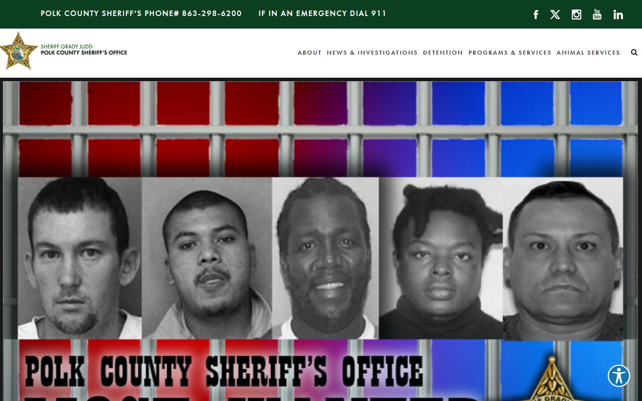 Polk County Sheriff Five Most Wanted page with active-warrant fugitive photos, distinct from routine jail mugshots