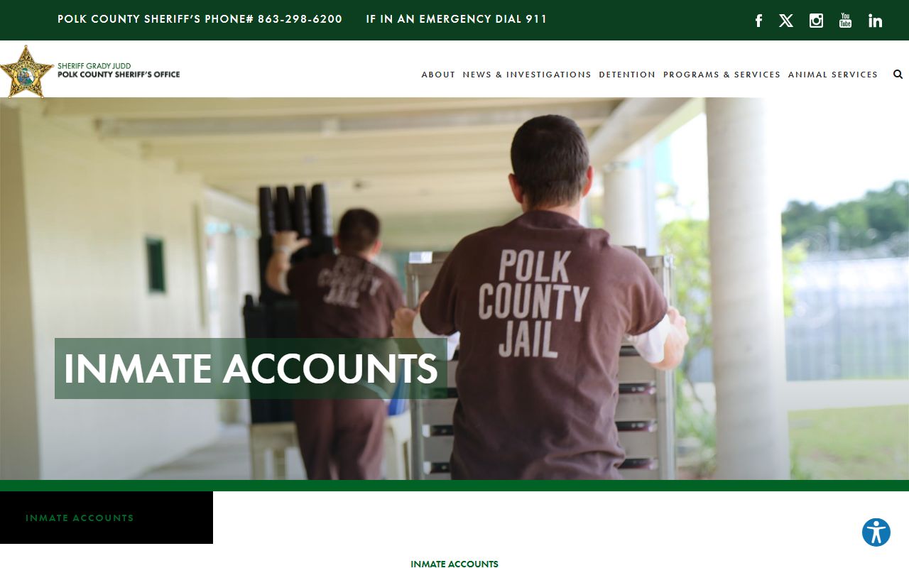 Polk County inmate accounts page with deposit fees and commissary information