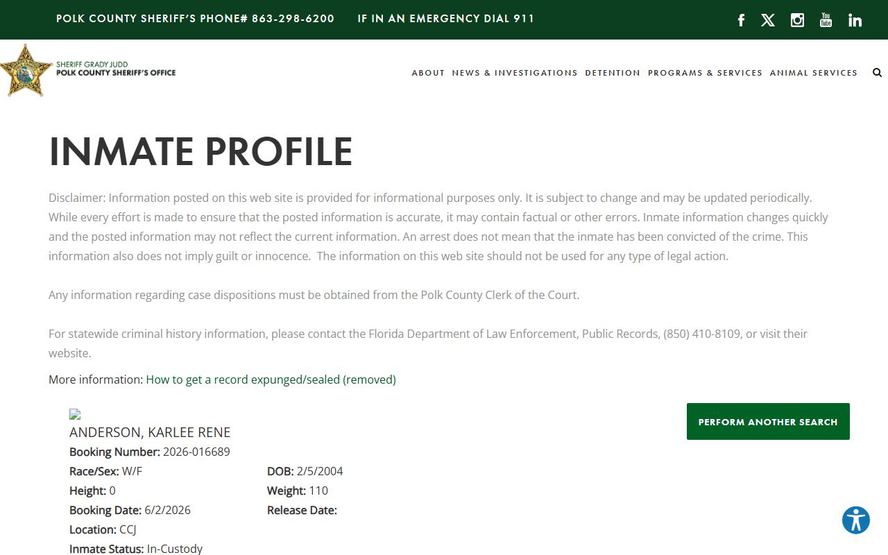 Sample Polk County inmate population profile with booking photo, bond flags, and charges
