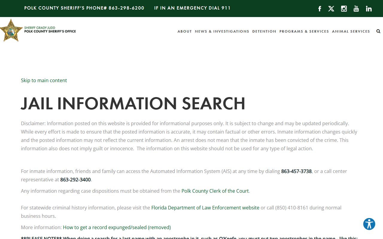 Polk County jail roster inmate population search page with name, booking date, and AKA tabs