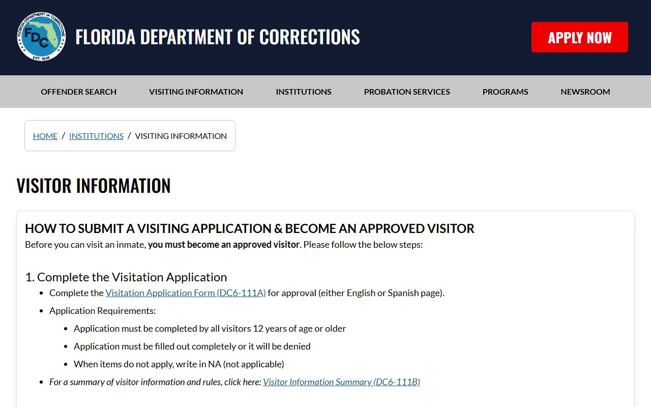 Florida Department of Corrections visiting information page that applies to TTH of Bartow inmate records
