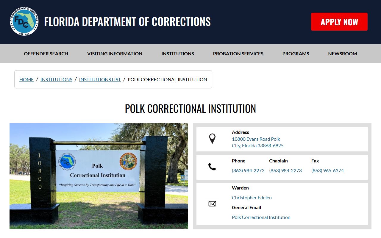 Florida Department of Corrections page for Polk Correctional Institution showing inmate population and facility details